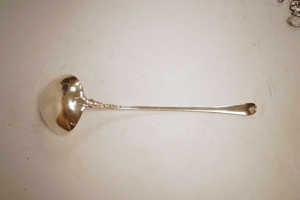 An early George III silver Old English pattern soup ladle, John Lampfert, London, 1768, 32.3cm, 4.3oz.